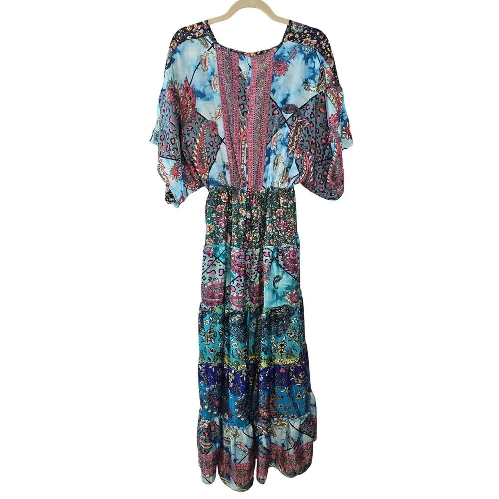 White Waves Bohemian Silk Blend Patchwork Maxi Dress Floral Paisley Tassel Blue - Picture 3 of 11